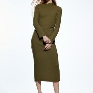 NWT Long sleeve Midi 87% Wool Khaki Green Moss Dress.